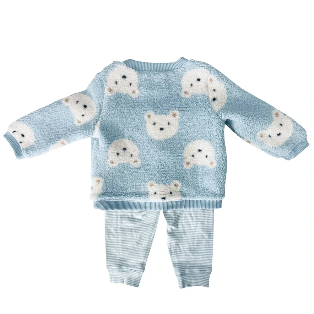 Carter's 2pc Cozy Set Kids 9M Blue New Sherpa Polar Bear Fleece Striped Pants